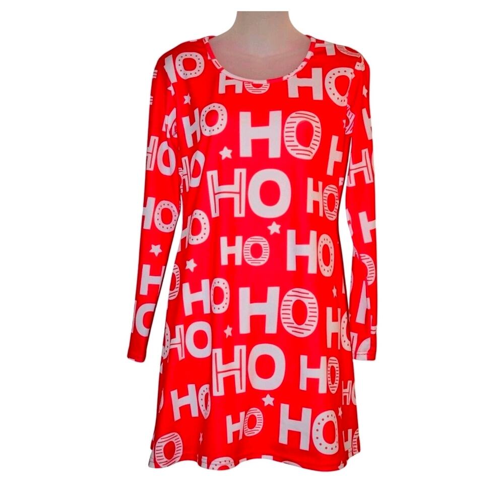 Sz Med TIPSY ELVES Red Scoop Neck Long Sleeve HoHoHo Christmas Swing Mini Dress